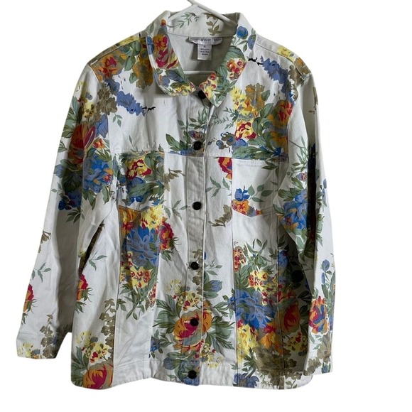 Susan Graver Jackets & Blazers - Susan Graver Women's Floral Cotton Jean Jacket size XL White Cottagecore Boho